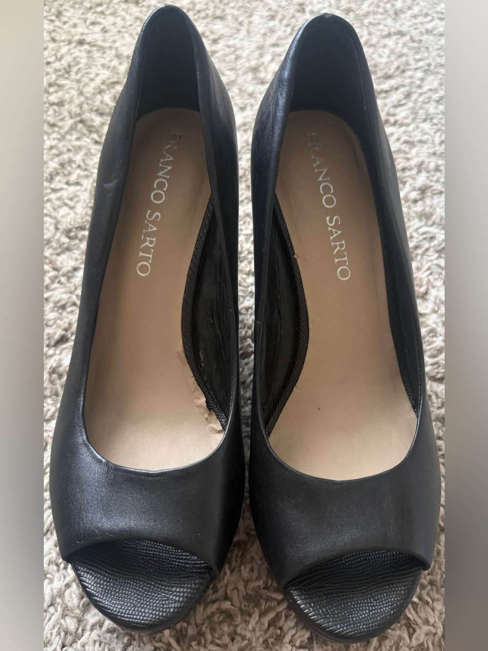 Franco Sarto Black Leather Peep-Toe Heels